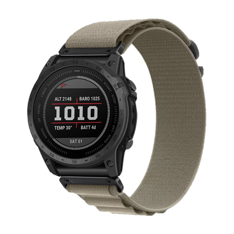 Bracelet montre connectée en nylon kaki, attache rapide compatible Garmin, largeur 22 mm.