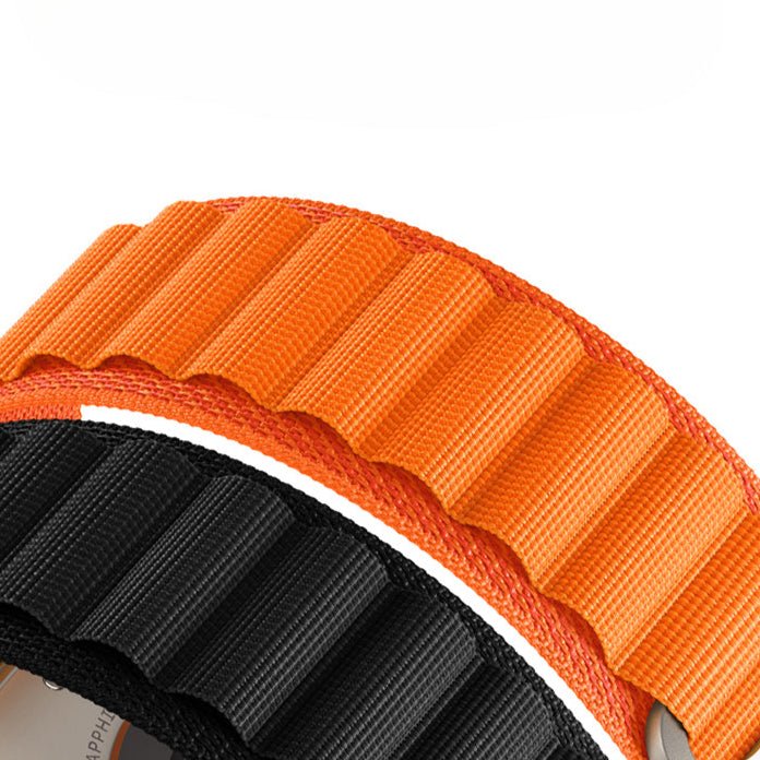 Bracelet montre connecté nylon résistant orange et noir avec attache rapide compatible Garmin.