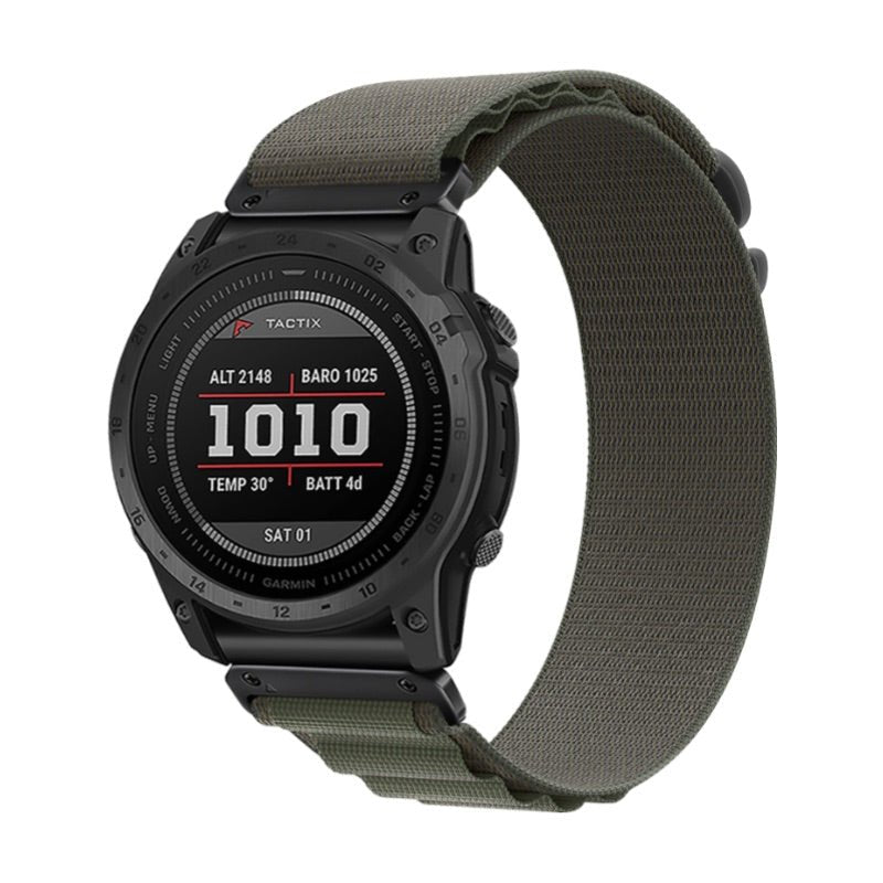 Bracelet en nylon kaki résistant avec attache rapide pour montre connectée Garmin noire.