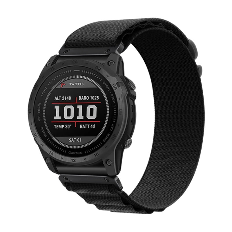 Bracelet nylon noir résistant avec attache rapide compatible montre Garmin, largeur 22 mm.