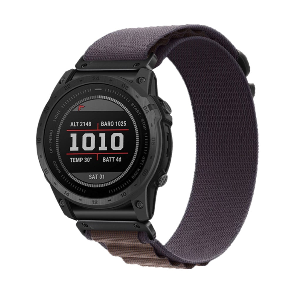 Bracelet de montre connecté en nylon kaki avec attache rapide, compatible Garmin, largeur 22 mm.