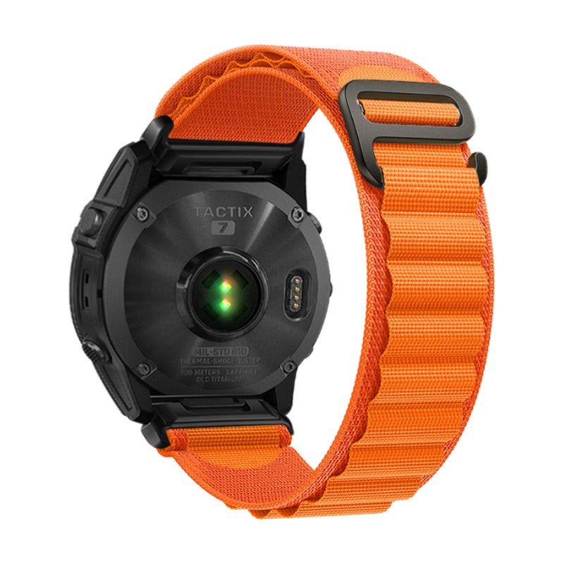 Bracelet nylon orange résistant avec attache rapide, compatible montres Garmin, largeur 22 mm.