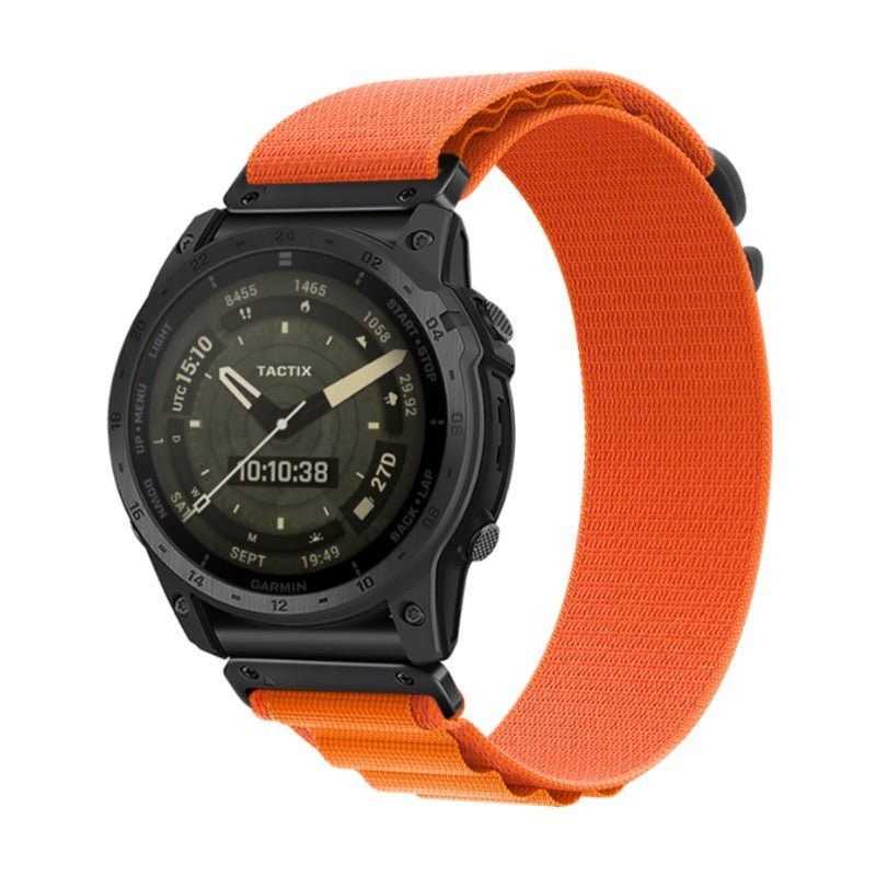 Bracelet pour montre connectée en nylon orange avec attache rapide compatible Garmin.