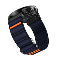 Bracelet pour montre connectée en nylon bleu marine avec attache tactique orange, compatible Garmin Galetos.