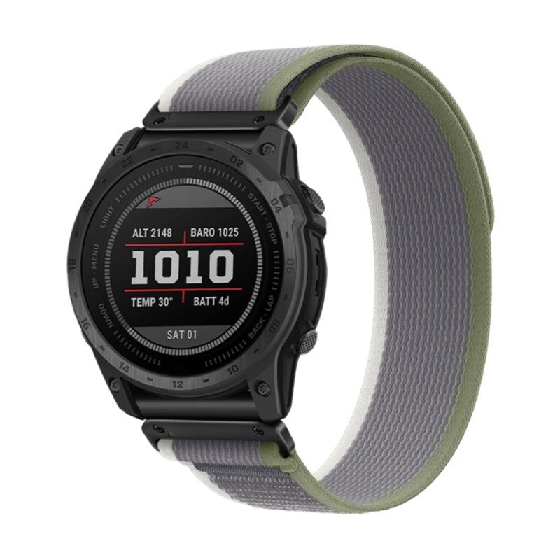 Bracelet en nylon gris et vert pour montre connectée Garmin avec attache velcro résistante.