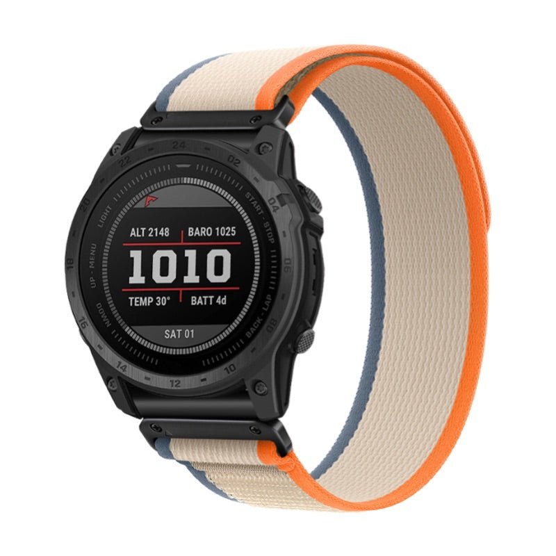 Bracelet nylon beige avec bordure orange et attache velcro compatible montres Garmin Artéos.