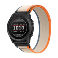 Bracelet nylon beige avec bordure orange et attache velcro compatible montres Garmin Artéos.