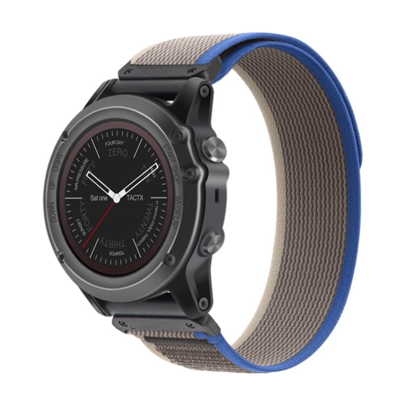 Bracelet de montre Garmin en nylon beige à bord bleu avec attache velcro, style Artéos.