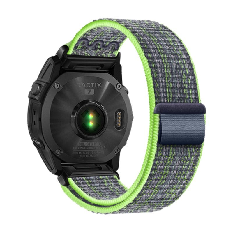 Bracelet nylon gris et vert fluo avec attache velcro compatible montres Garmin, style sport robuste.