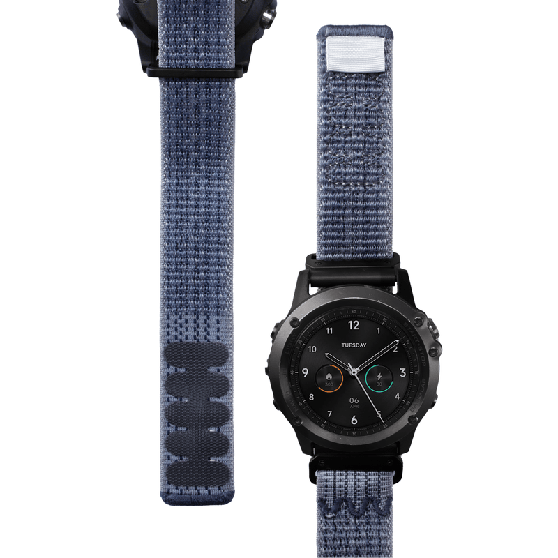 Bracelet nylon bleu résistant avec attache velcro compatible montre Garmin Gavin, 22 mm.