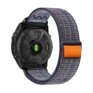 Bracelet nylon bleu et orange avec attache velcro pour montre connectée Garmin, style sportif.