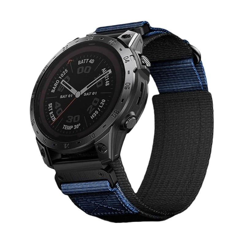 Bracelet nylon bleu et noir avec attache velcro tactique pour montre connectée Garmin.