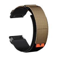 Bracelet pour montre Garmin en nylon kaki résistant avec attache velcro noire tactique.