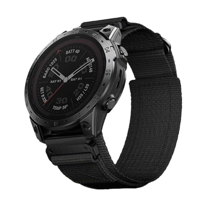 Bracelet noir en nylon résistant avec attache velcro tactique pour montre connectée Garmin.