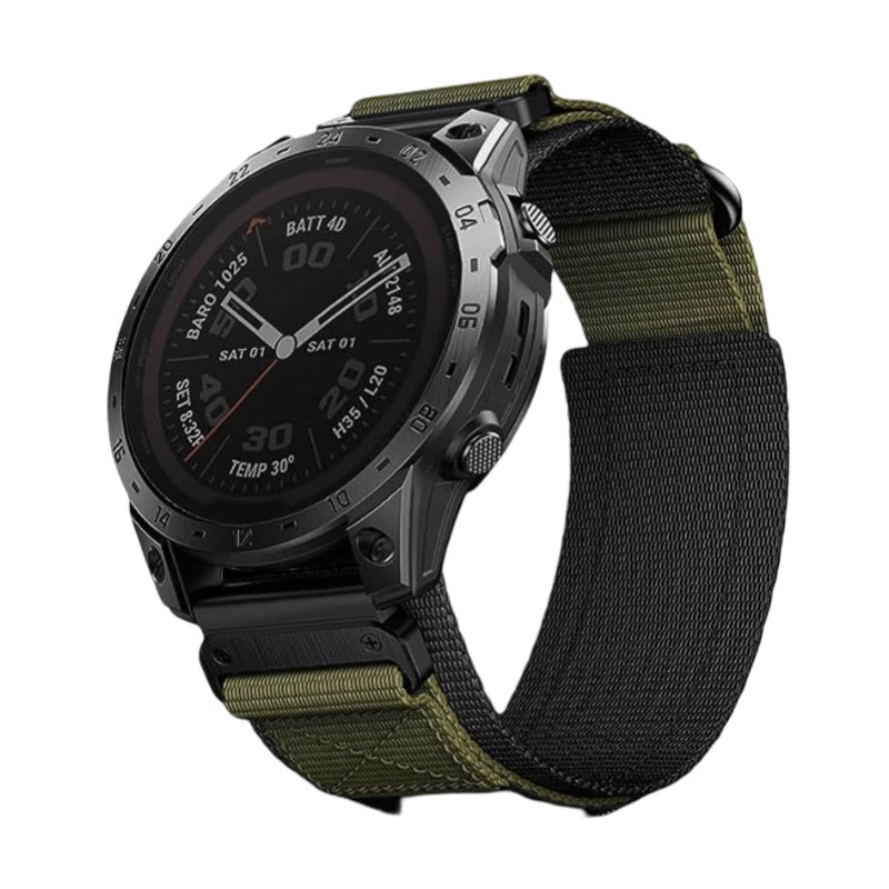 Bracelet pour montre Garmin Léno en nylon kaki résistant avec attache velcro noire.