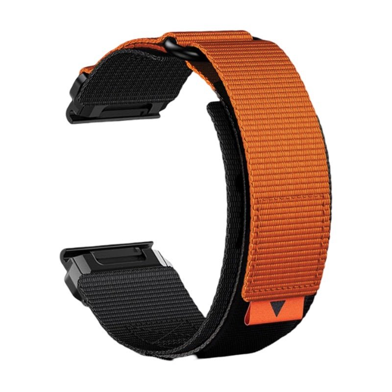 Bracelet pour montre Garmin en nylon orange résistant avec attache velcro noire tactique.