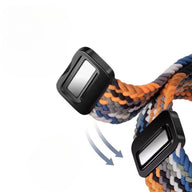 Bracelet pour montre Garmin en nylon tressé orange, bleu et gris, fermeture magnétique noire.