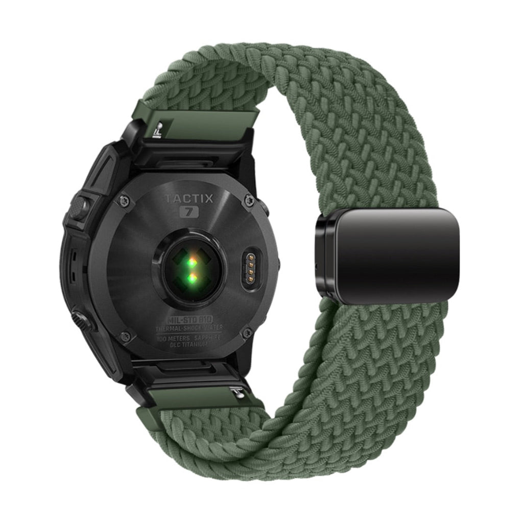 Bracelet tressé en nylon vert olive épais avec fermoir magnétique noir, compatible montre Garmin.