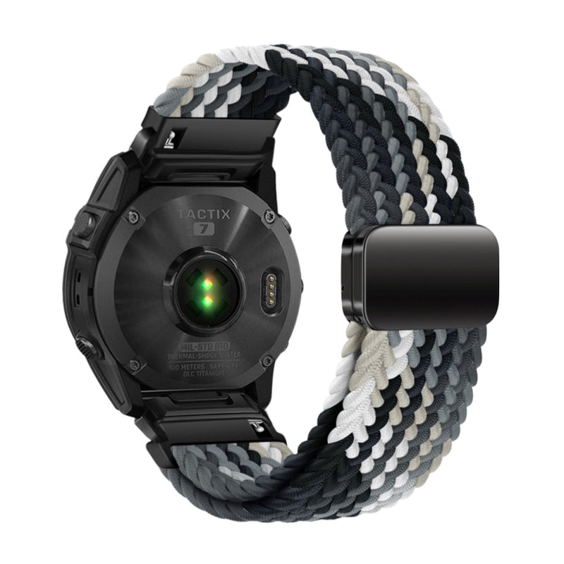 Bracelet nylon épais multicolore noir, gris et blanc, aimanté, compatible montres Garmin.
