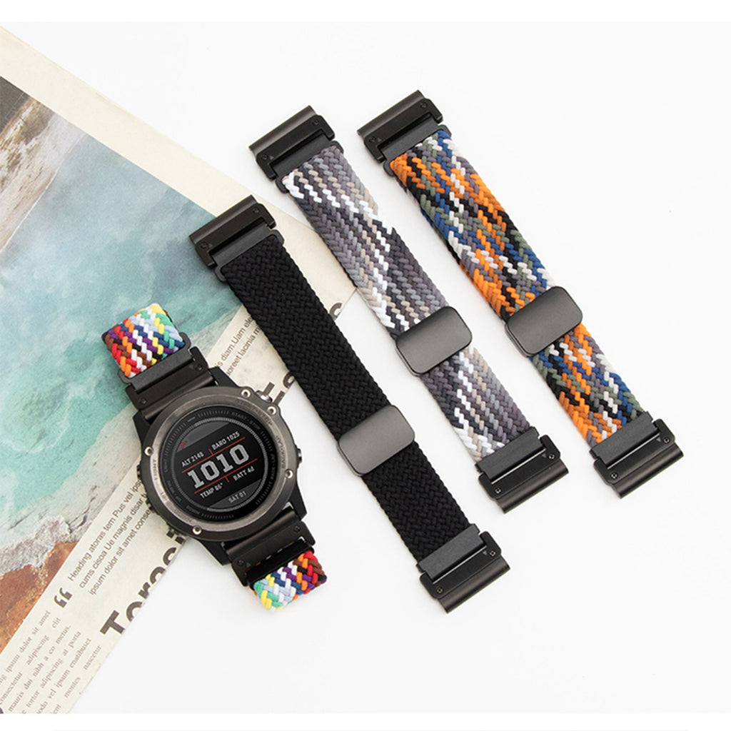 Bracelet pour montre Garmin en nylon épais multicolore, noir, gris ou bleu orange avec fermoir magnétique.