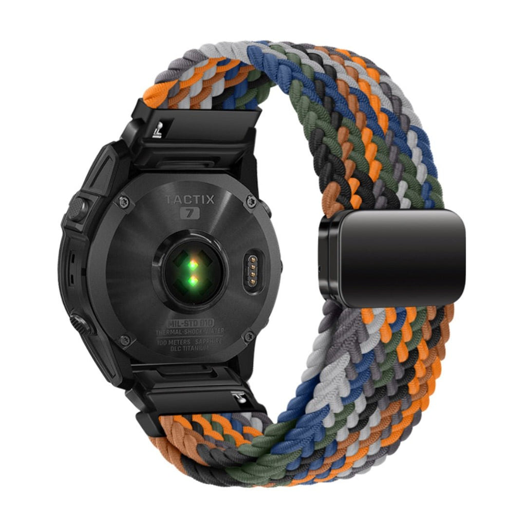 Bracelet nylon tressé multicolore bleu, vert, orange, gris, épais et aimanté pour montre Garmin.