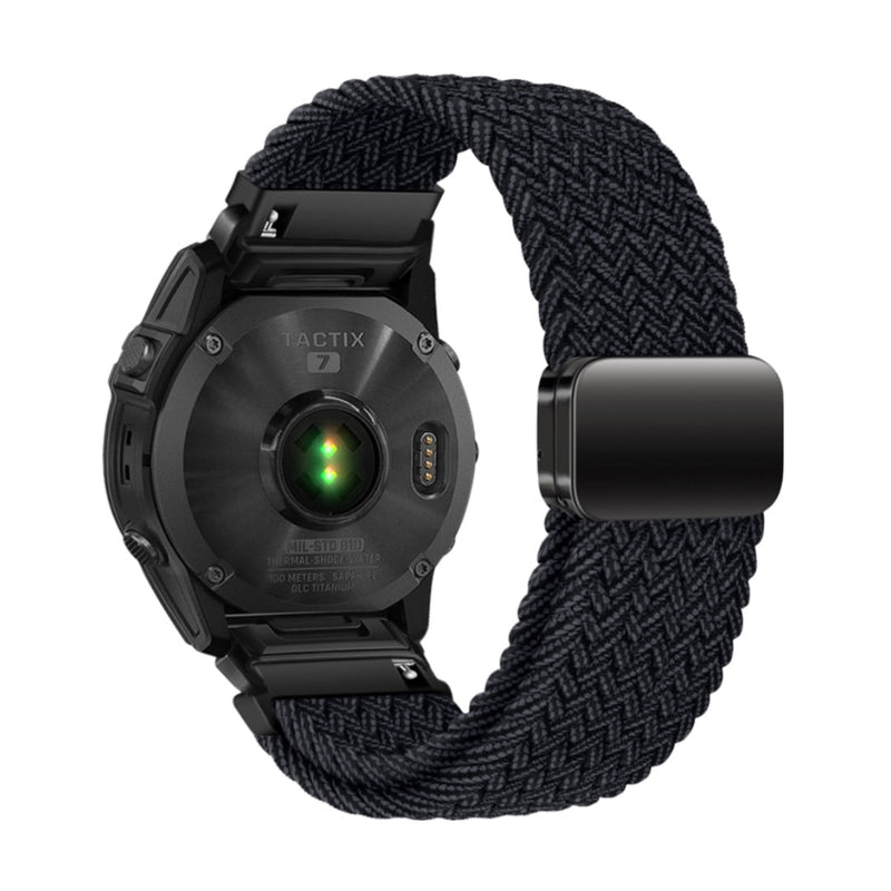 Bracelet nylon noir tressé épais avec fermoir magnétique compatible montres Garmin.
