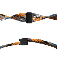 Bracelet nylon tressé multicolore bleu, orange et gris, avec fermoir aimanté noir pour montre connectée.