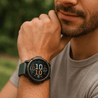 Bracelet en silicone vert foncé avec attache aimantée sur montre connectée Garmin, style sportif.