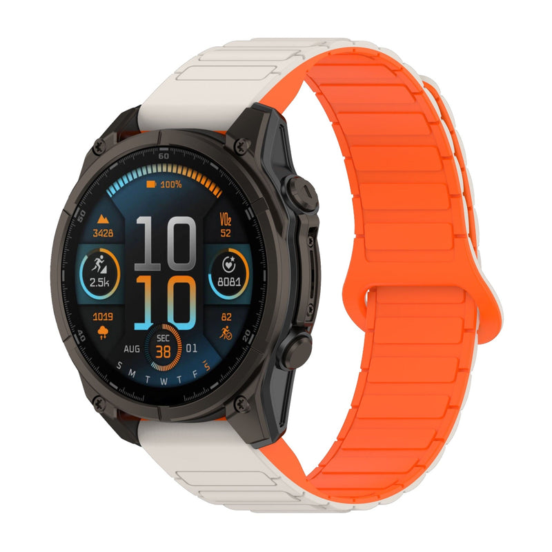 Bracelet silicone bicolore blanc et orange avec attache aimantée compatible montre Garmin Sinale.