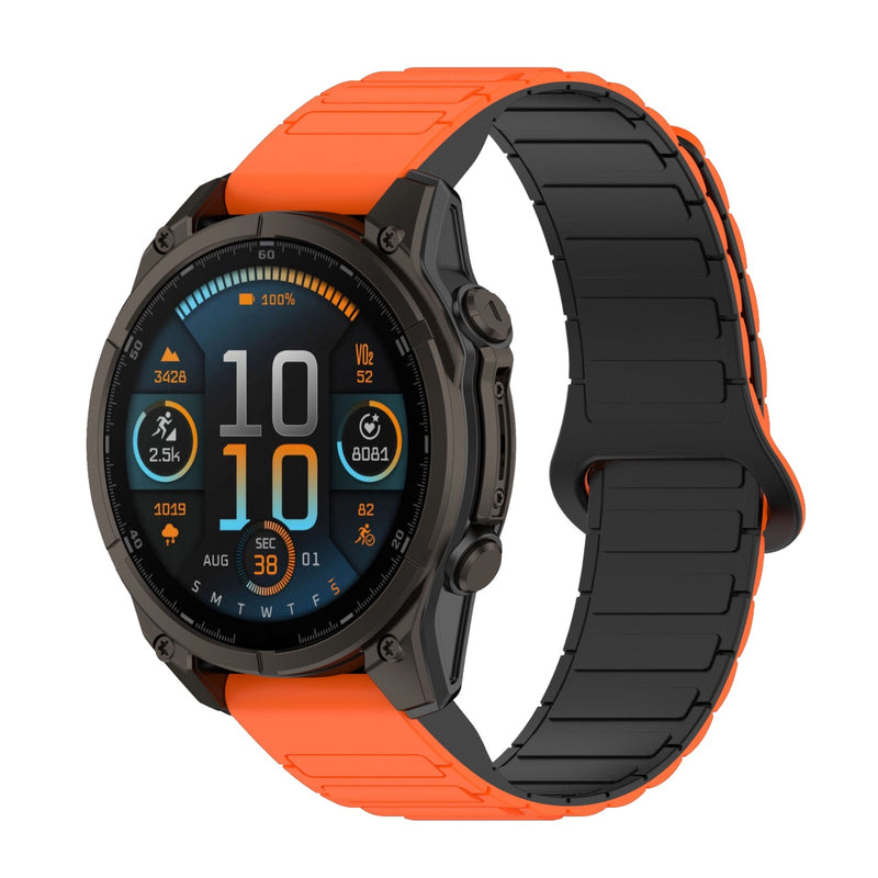 Bracelet silicone orange avec attache aimantée noir compatible montre Garmin Sinale.