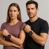 Bracelets pour montres connectées Garmin en silicone orange avec attache aimantée, portés par homme et femme.