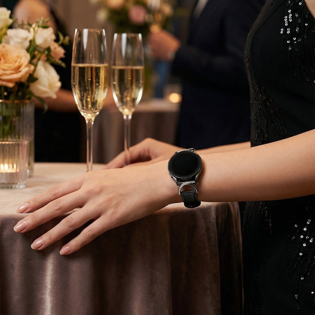 Armband für Smartwatch, Leder und Ziersteine, gepflegtes Aussehen für Uhr von Samsung, Ice Watch, Garmin, Modell Carla