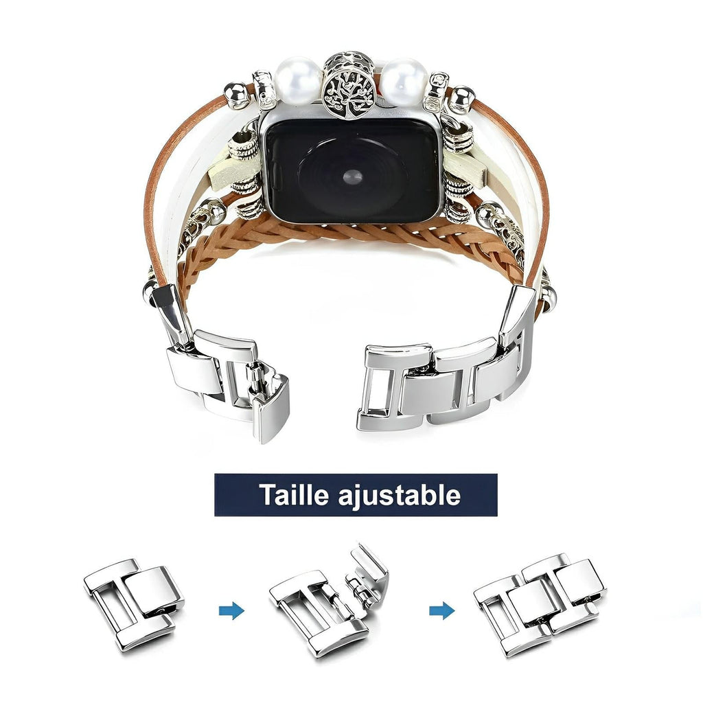 Bracelet multi-rangs simili végan beige et marron avec double anneau argenté pour montre connectée, fermoir réglable en.