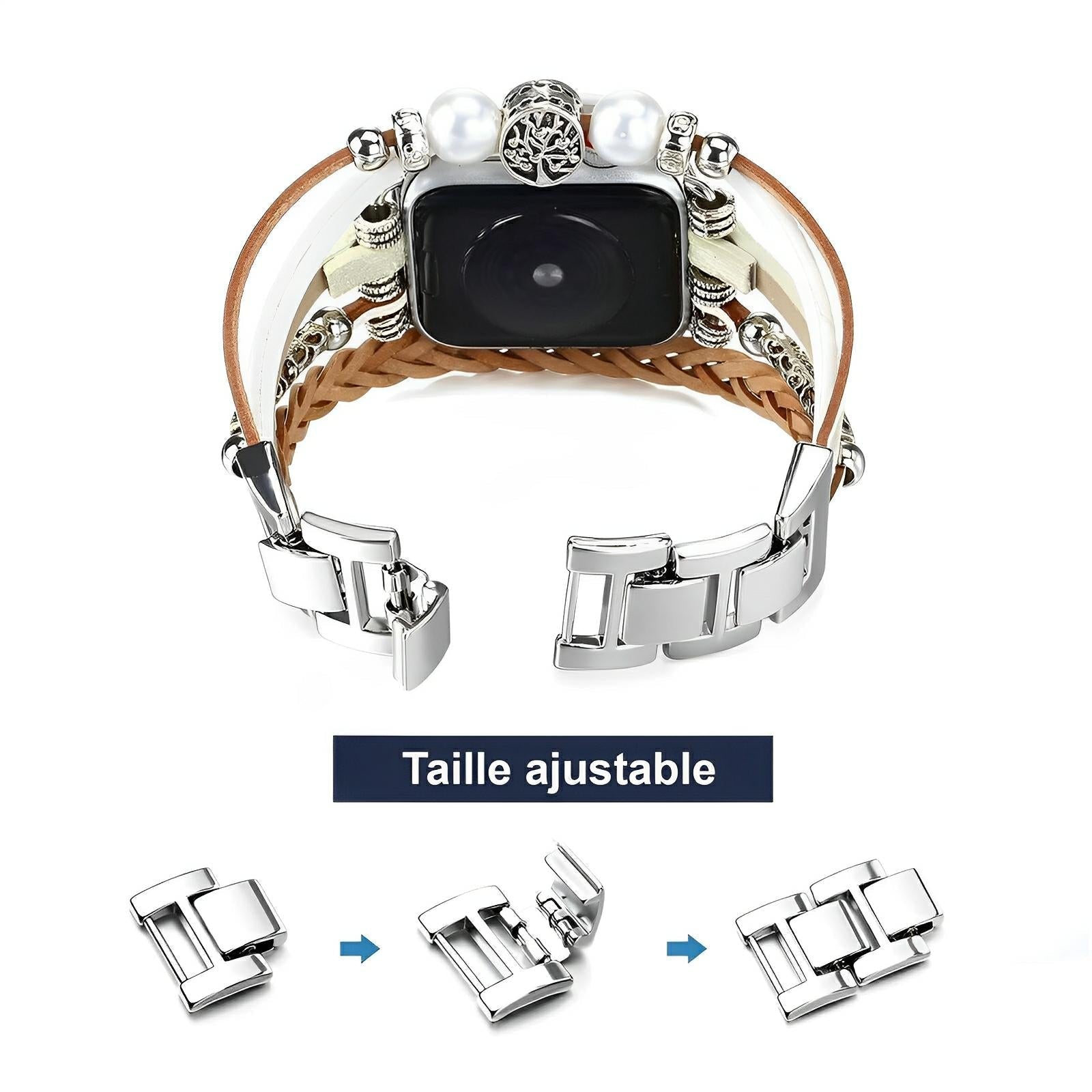 Bracelet multi-rangs simili végan beige et marron avec double anneau argenté pour montre connectée, fermoir réglable en.