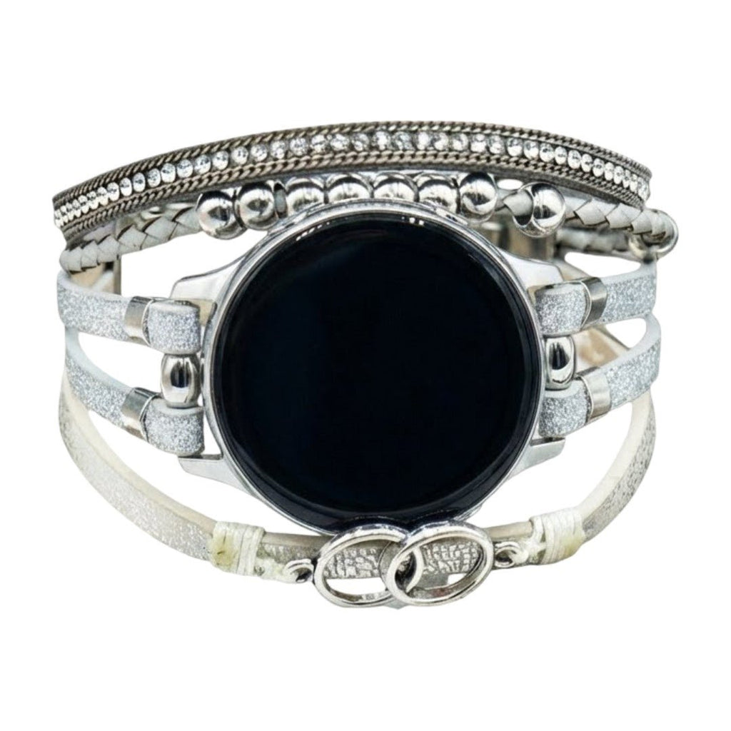 Bracelet multi-rangs argenté en simili végan avec double anneau, orné de strass et perles rondes, modèle Dilène pour montre.