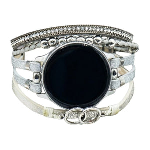 Bracelet multi-rangs argenté en simili végan avec double anneau, orné de strass et perles rondes, modèle Dilène pour montre.