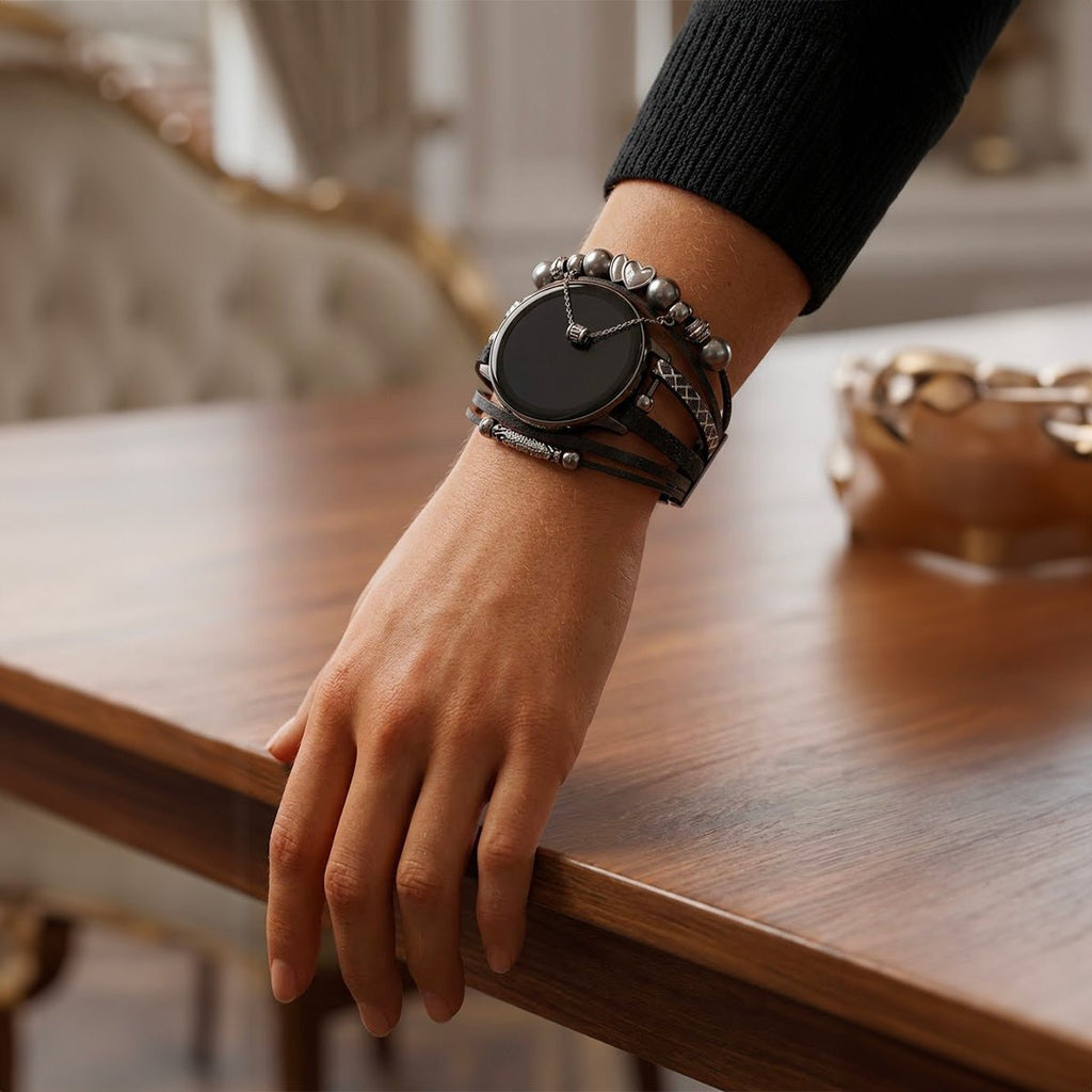 Bracelet multi rangs en simili cuir noir avec perles argentées décoratives sur smartwatch noire ronde.