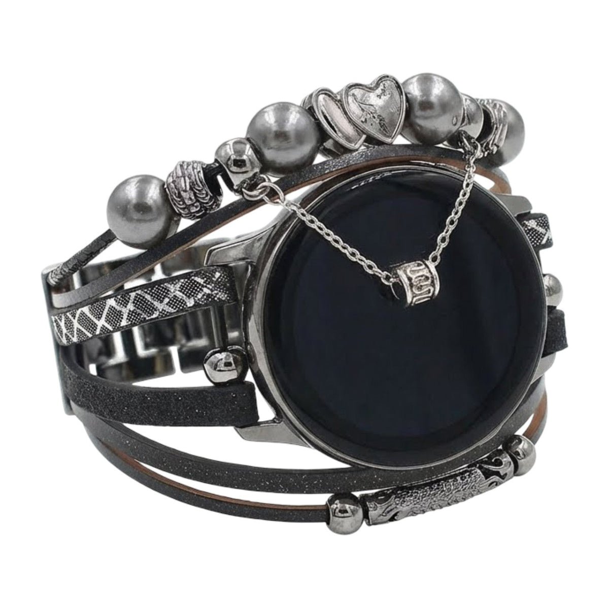 Bracelet multi rangs noir en simili cuir vegan avec perles argentées décoratives et breloque cœur pour SmartWatch.