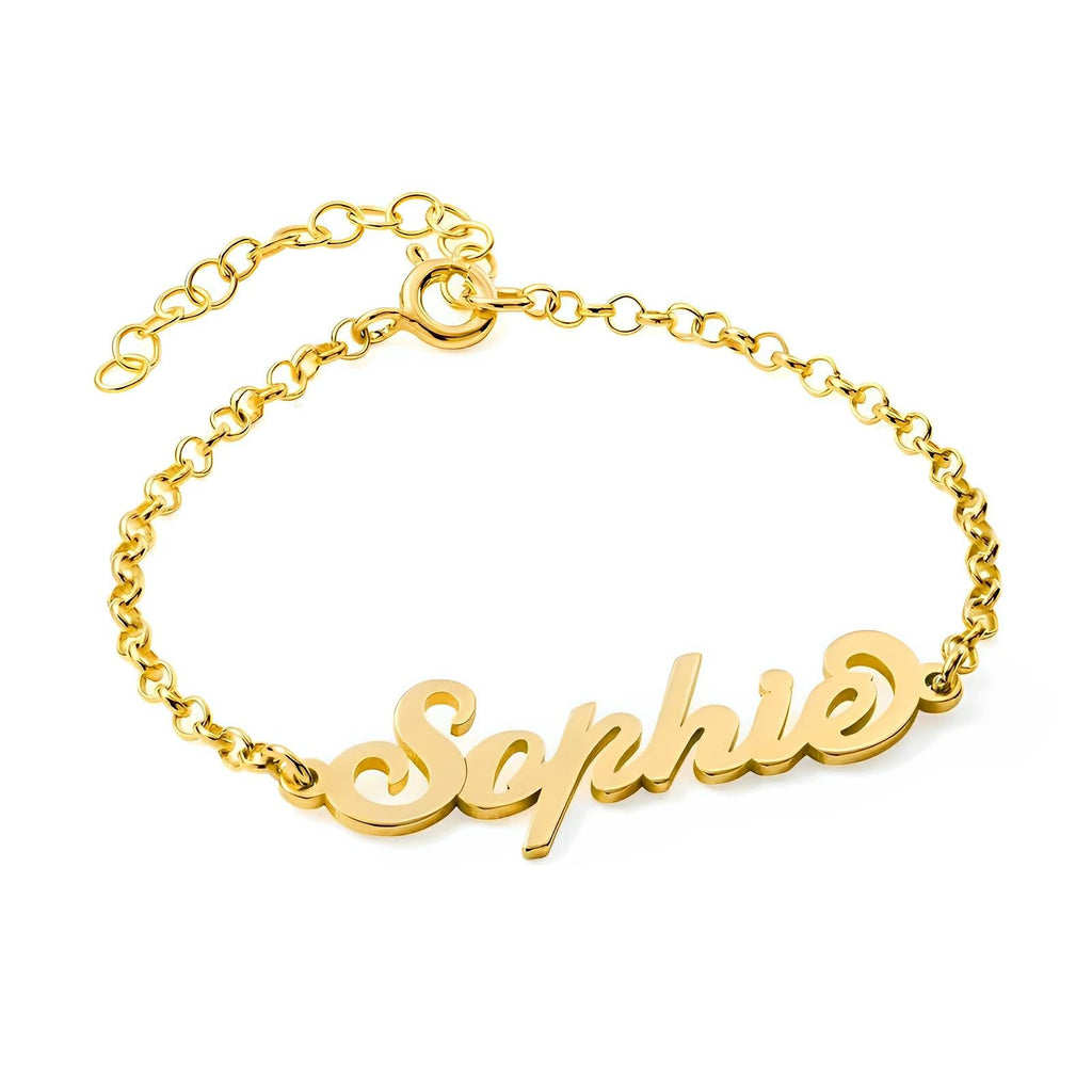 Bracelet prénom ajustable en acier inoxydable doré avec lettres script "Sophie".