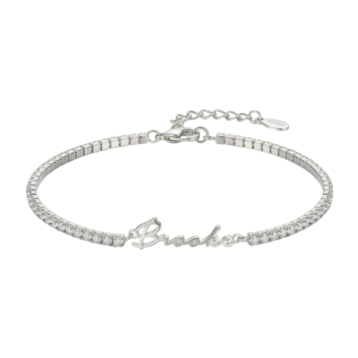 Bracelet prénom personnalisé en acier inoxydable, maille tennis, finition dorée ou argentée, modèle Brooke