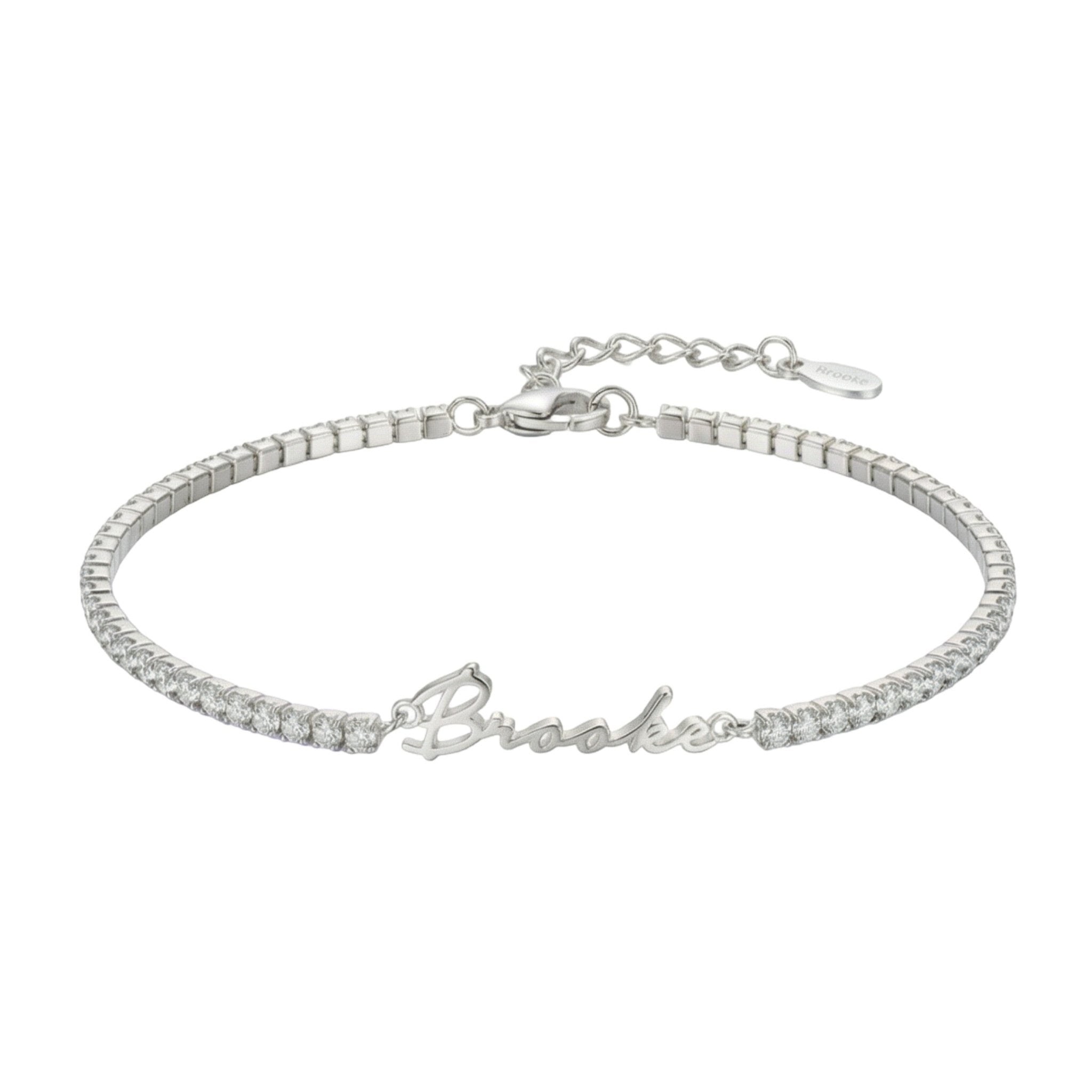 Bracelet prénom personnalisé en acier inoxydable plaqué or 14 carats, maille tennis sertie de zircons scintillants, fermoir mousqueton ajustable, modèle Brooke