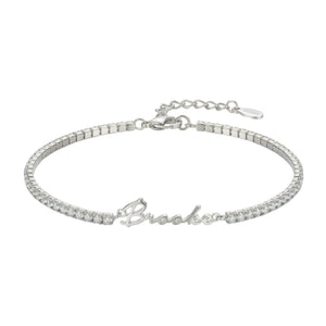 Bracelet prénom personnalisé en acier inoxydable plaqué or 14 carats, maille tennis sertie de zircons scintillants, fermoir mousqueton ajustable, modèle Brooke