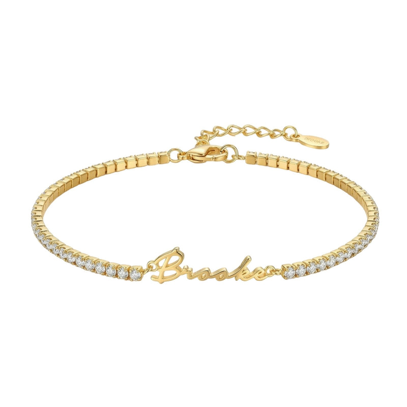 Bracelet prénom personnalisé en acier inoxydable plaqué or 14 carats, maille tennis sertie de zircons scintillants, fermoir mousqueton ajustable, modèle Brooke