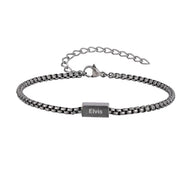 Bracelet prénom personnalisé en acier inoxydable, maille vénitienne fine, plaque gravée "Elvis", fermoir sécurisé avec.