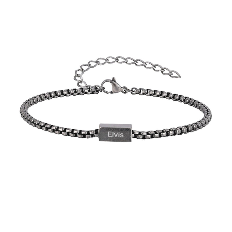 Bracelet prénom personnalisé en acier inoxydable, maille vénitienne fine, plaque gravée "Elvis", fermoir sécurisé avec.