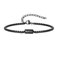 Bracelet prénom personnalisé en acier inoxydable noir, maille vénitienne fine, plaque gravée Mathieu, fermoir sécurisé avec.