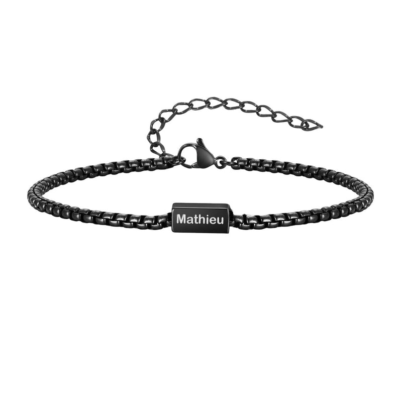 Bracelet prénom personnalisé en acier inoxydable noir, maille vénitienne fine, plaque gravée Mathieu, fermoir sécurisé avec.