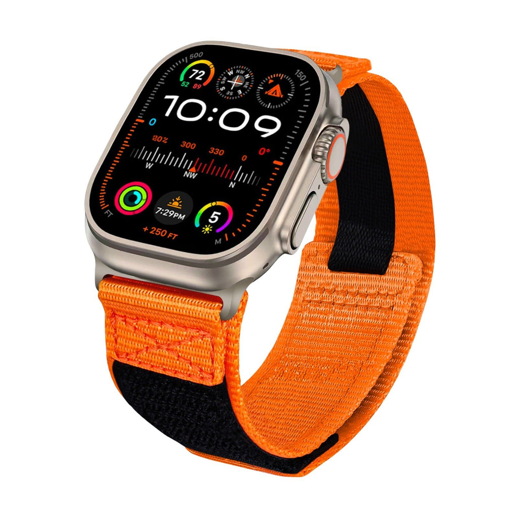 Bracelet nylon orange et noir ajustable pour Apple Watch, style randonnée avec boucle velcro.