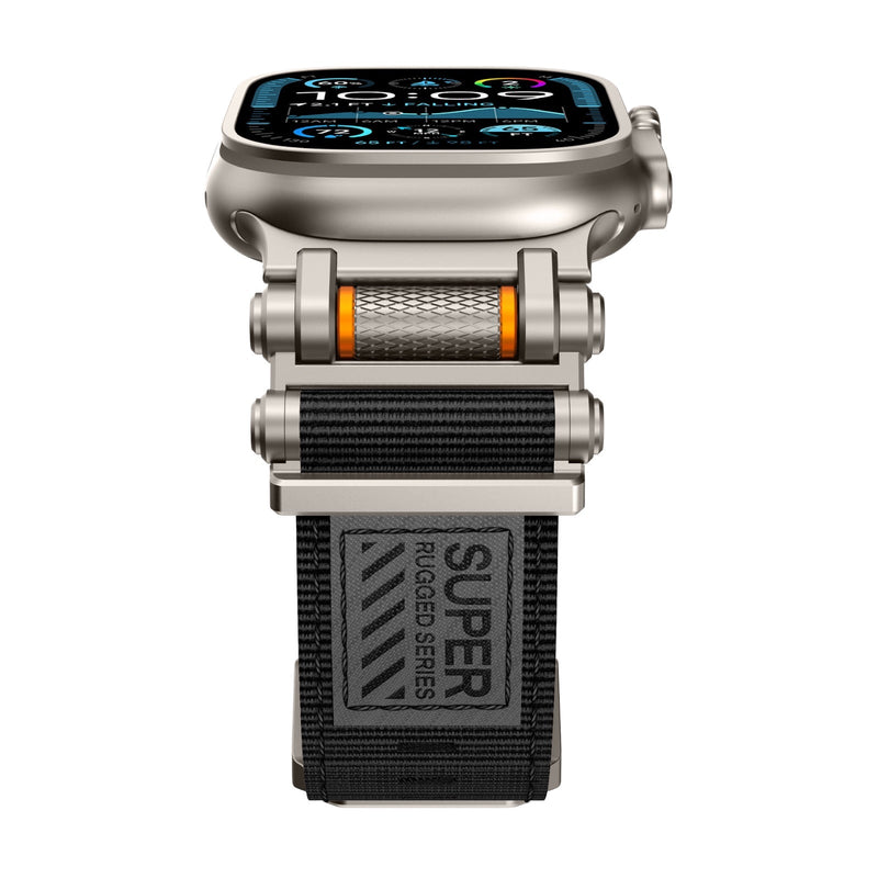 Bracelet robuste noir en nylon avec attaches en acier argent pour Apple Watch Ultra.