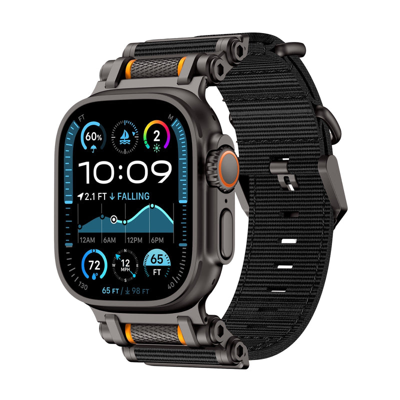 Bracelet robuste en nylon noir et orange avec boucles en acier inoxydable pour Apple Watch Ultra.